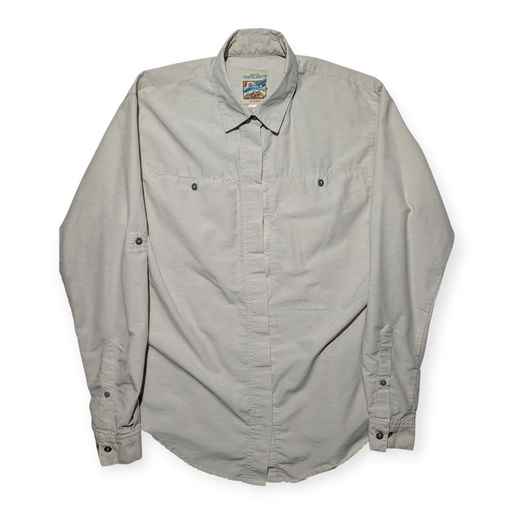 Vintage Travelsmith Womens Travel Shirt Khaki Roll Sleeve Utility Button Up M
